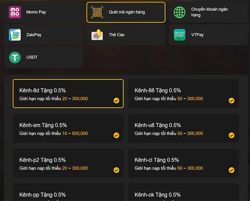 Nạp tiền mã QR hỗ trợ rất nhiều kênh thanh toán trung gian